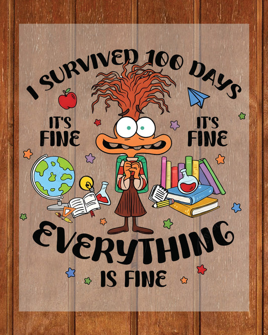 I Survived 100 Days Of School Cartoon DTF Transfer Ready to Press Heat Application UV Sticker Prints Cute Character DIY Student Shirt Decal