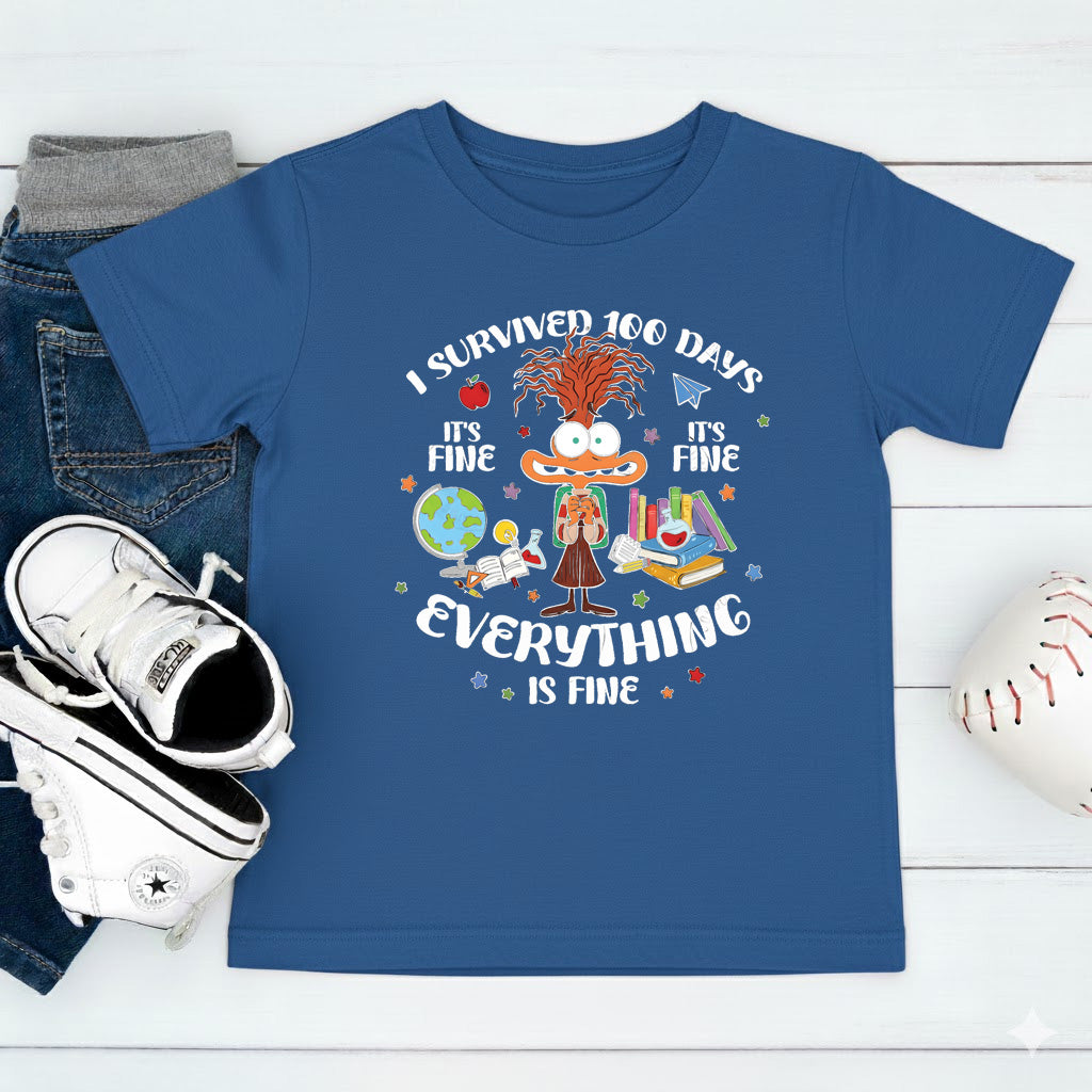 I Survived 100 Days of School Cartoon T Shirt Cute Character 100 Days of School Shirt for Kids Boys Girls Women Men