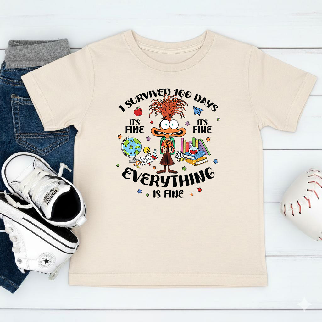 I Survived 100 Days of School Cartoon T Shirt Cute Character 100 Days of School Shirt for Kids Boys Girls Women Men
