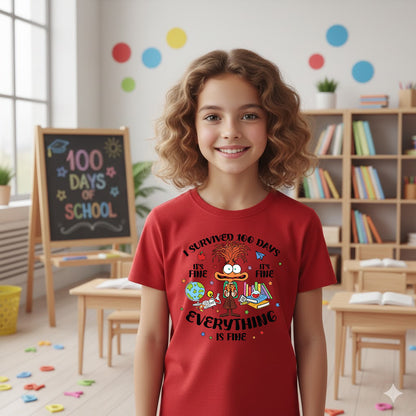 I Survived 100 Days of School Cartoon T Shirt Cute Character 100 Days of School Shirt for Kids Boys Girls Women Men