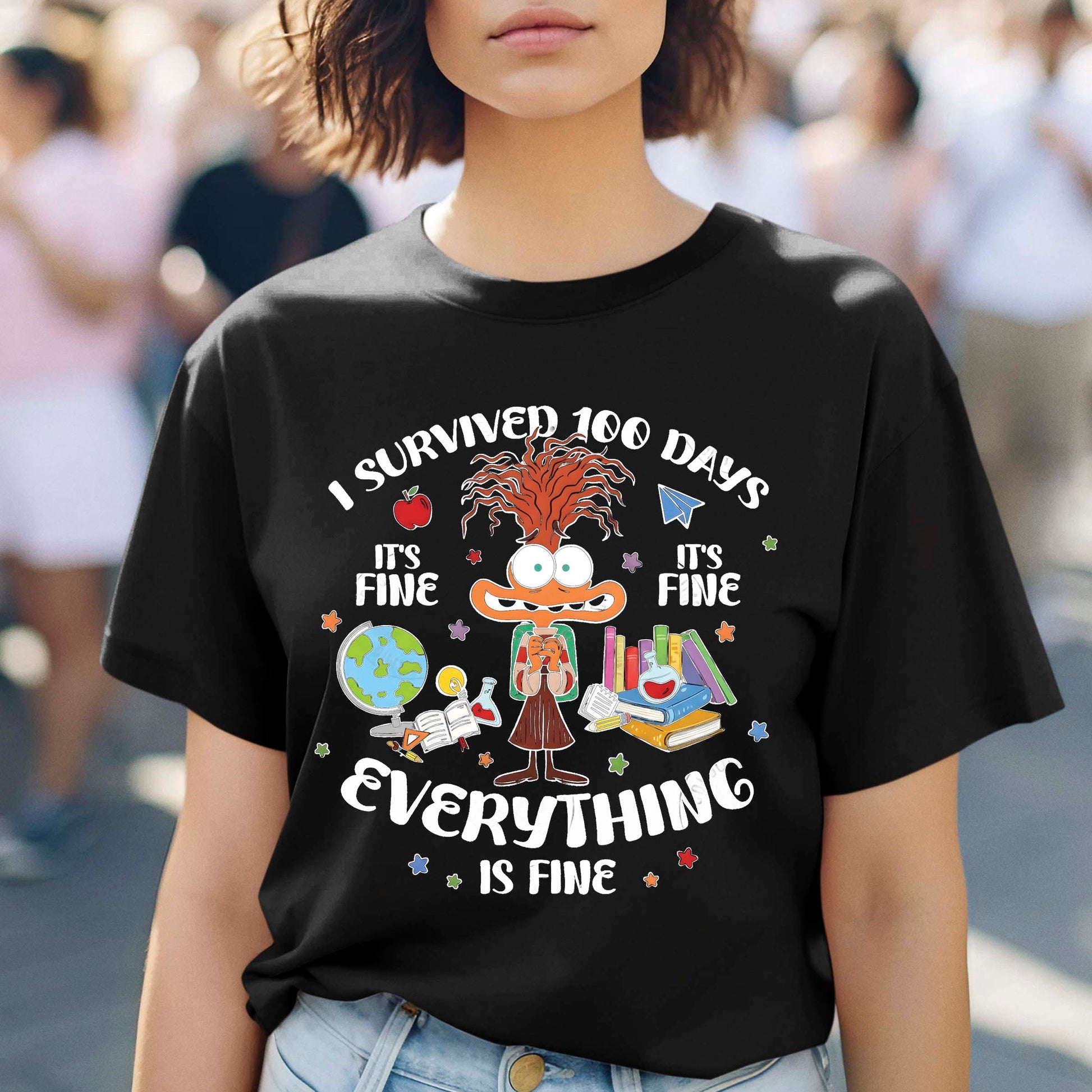 I Survived 100 Days of School Cartoon T Shirt Cute Character 100 Days of School Shirt for Kids Boys Girls Women Men