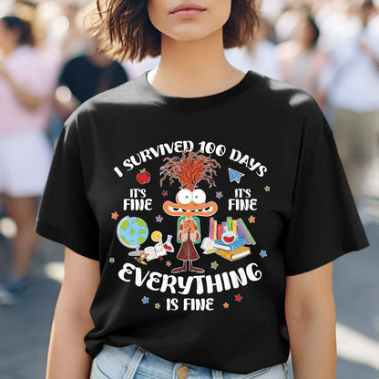I Survived 100 Days of School Cartoon T Shirt Cute Character 100 Days of School Shirt for Kids Boys Girls Women Men