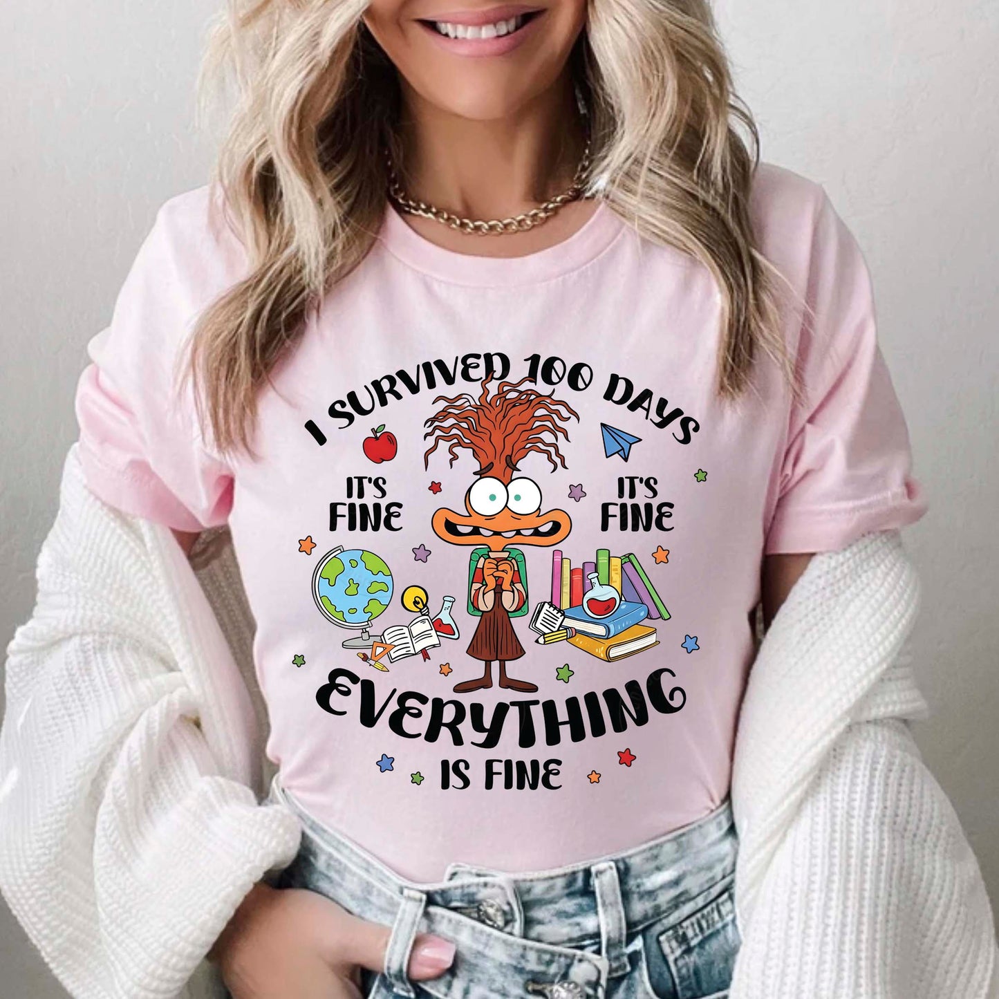 I Survived 100 Days of School Cartoon T Shirt Cute Character 100 Days of School Shirt for Kids Boys Girls Women Men