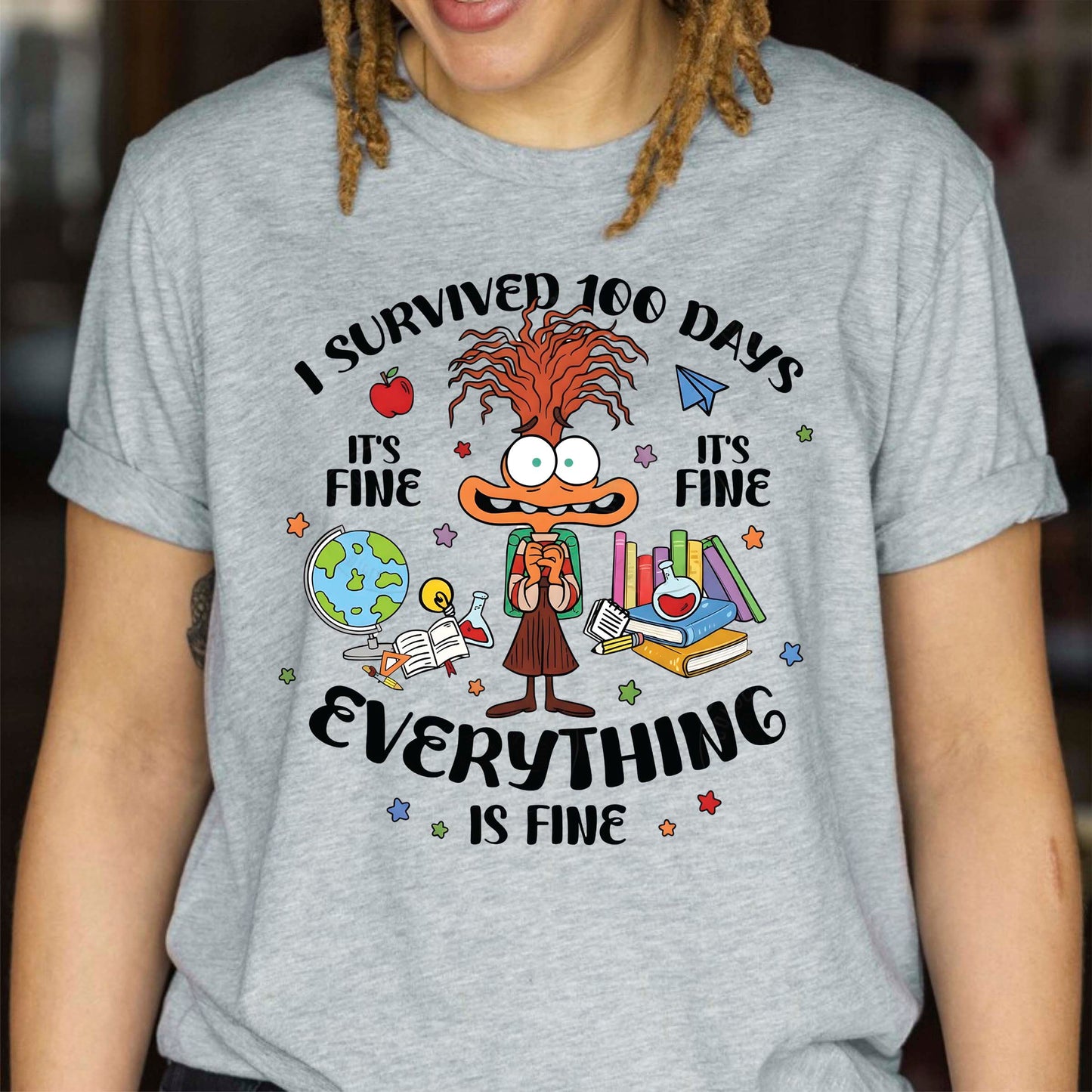 I Survived 100 Days of School Cartoon T Shirt Cute Character 100 Days of School Shirt for Kids Boys Girls Women Men