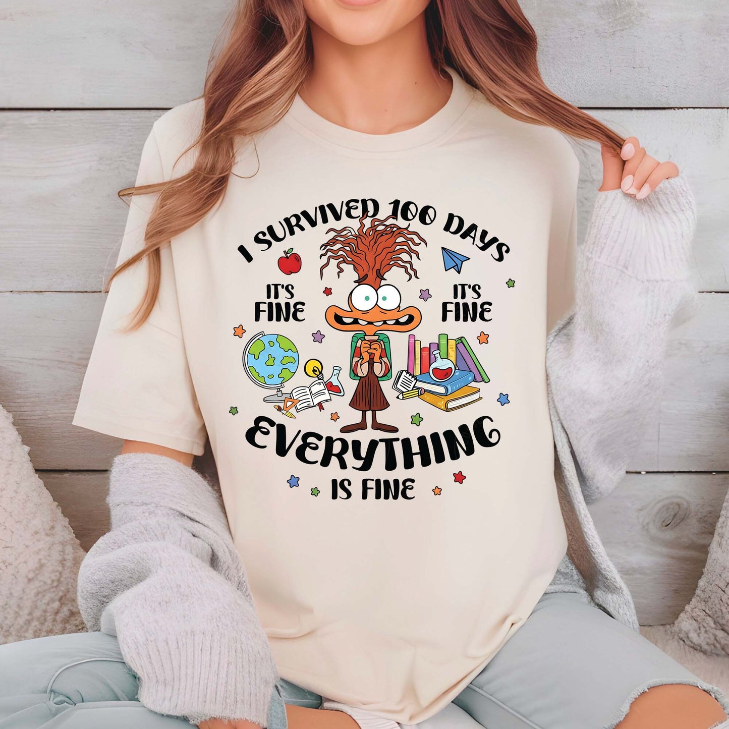 I Survived 100 Days of School Cartoon T Shirt Cute Character 100 Days of School Shirt for Kids Boys Girls Women Men
