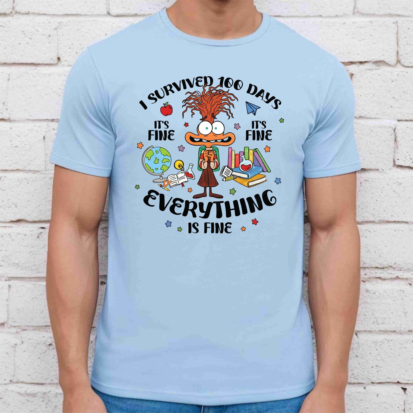 I Survived 100 Days of School Cartoon T Shirt Cute Character 100 Days of School Shirt for Kids Boys Girls Women Men