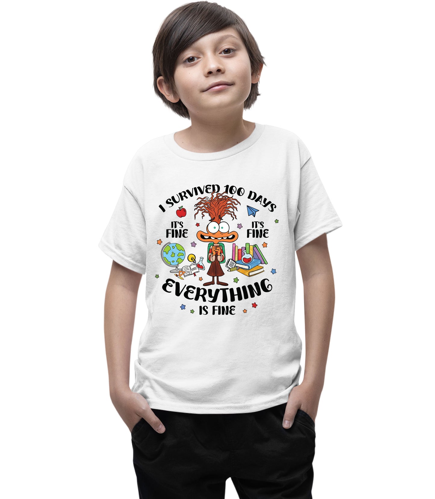 I Survived 100 Days of School Cartoon T Shirt Cute Character 100 Days of School Shirt for Kids Boys Girls Women Men
