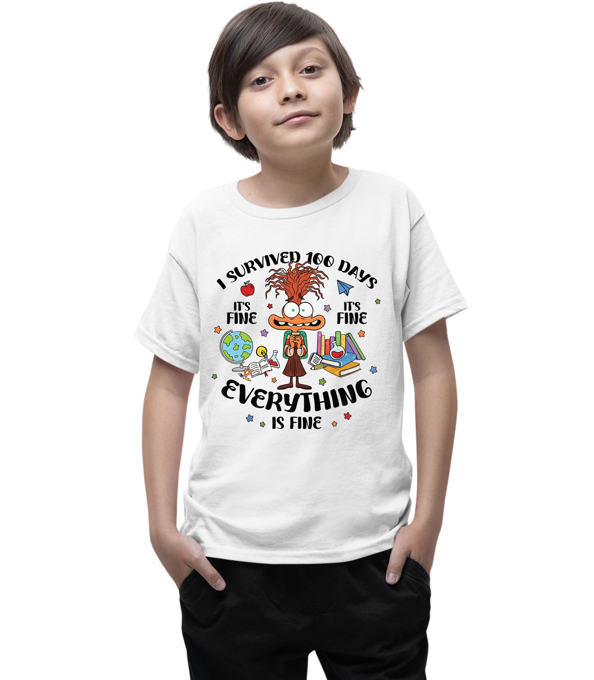 I Survived 100 Days of School Cartoon T Shirt Cute Character 100 Days of School Shirt for Kids Boys Girls Women Men