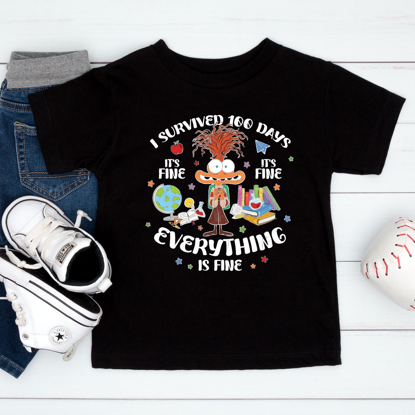 I Survived 100 Days of School Cartoon T Shirt Cute Character 100 Days of School Shirt for Kids Boys Girls Women Men