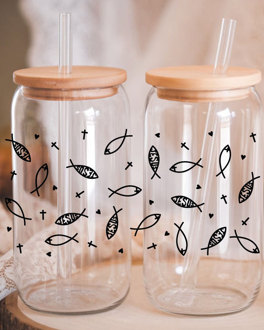 Jesus Fish Libbey Can Glass UV DTF wrap