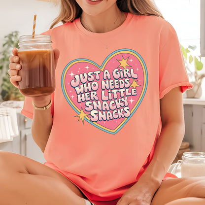 Just A Girl Who Needs Her Little Snacky Snacks DTF Transfer Ready to Press, Sarcastic Heat Transfer For Shirt, Snacky UV Sticker Prints