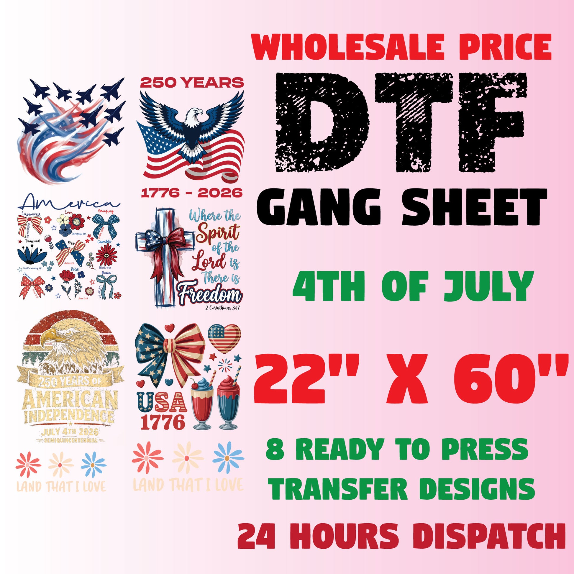 4th of July Premade Gang Sheet Retro America DTF Transfer ready to Press Memorial Day USA 250 Years Freedom Heat Transfer for Shirts
