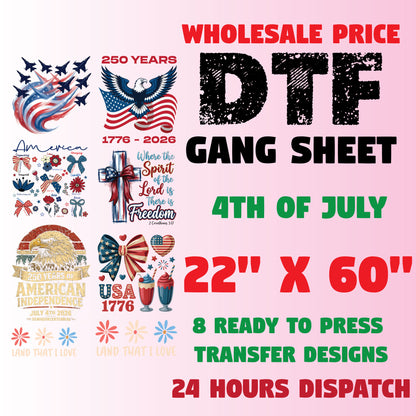 4th of July Premade Gang Sheet Retro America DTF Transfer ready to Press Memorial Day USA 250 Years Freedom Heat Transfer for Shirts