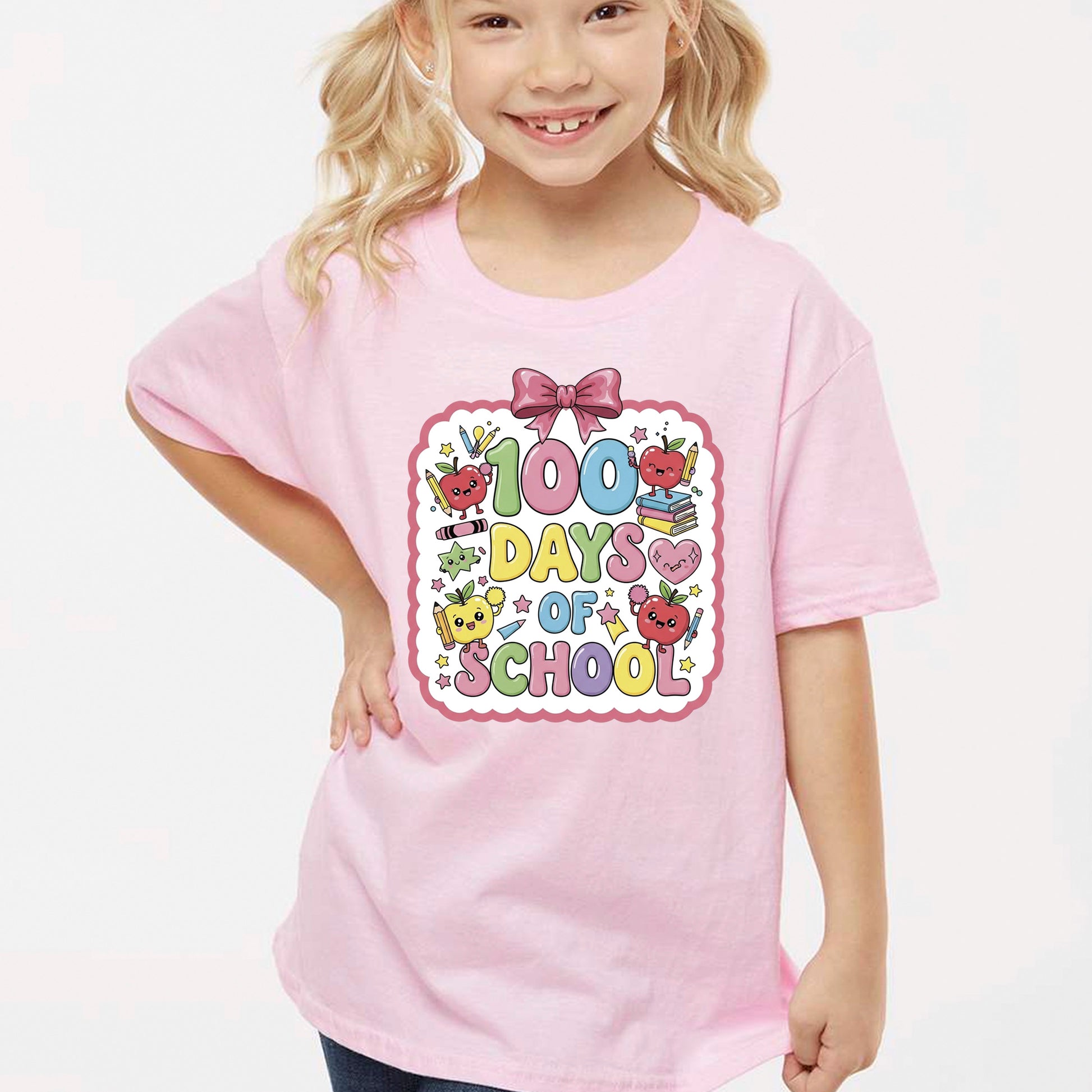 Kawaii Pastel 100 Days of School DTF Transfer, Ready to Press Heat Transfer for Shirts, Fun 100 Days of School Kids Design, UV Sticker