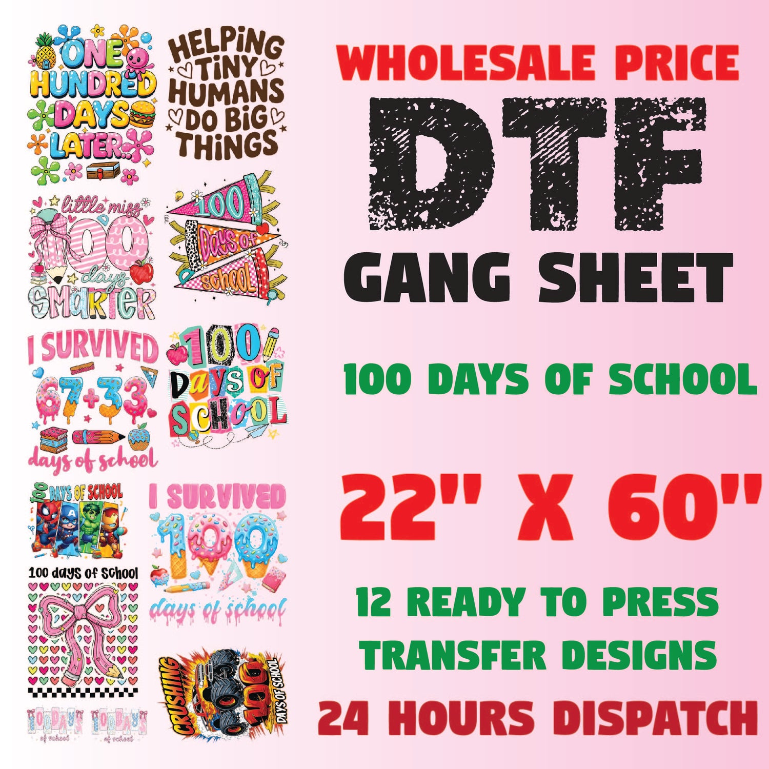 100 Days Of School Premade Gang Sheet Dtf Transfer Ready to Press Teacher Heat Transfer For Shirts, School Theme iron on Transfer Designs