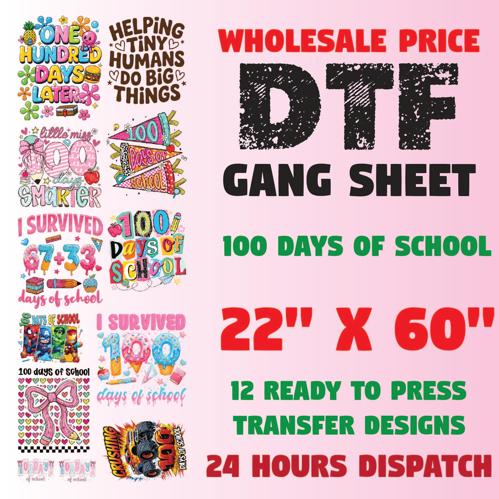 100 Days Of School Premade Gang Sheet Dtf Transfer Ready to Press Teacher Heat Transfer For Shirts, School Theme iron on Transfer Designs