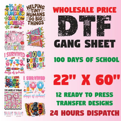 100 Days Of School Premade Gang Sheet Dtf Transfer Ready to Press Teacher Heat Transfer For Shirts, School Theme iron on Transfer Designs