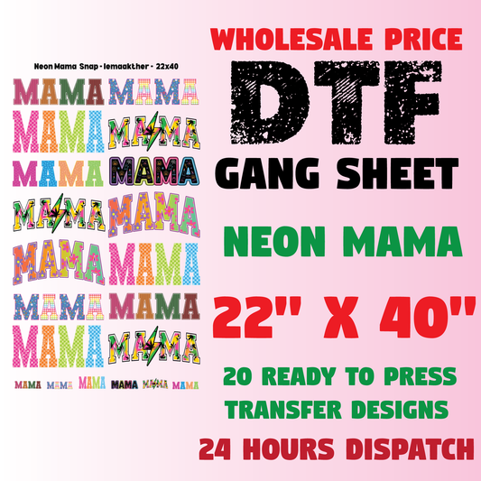 Mama Premade Gang Sheet Neon Colorful Mom DTF Transfer Ready to Press