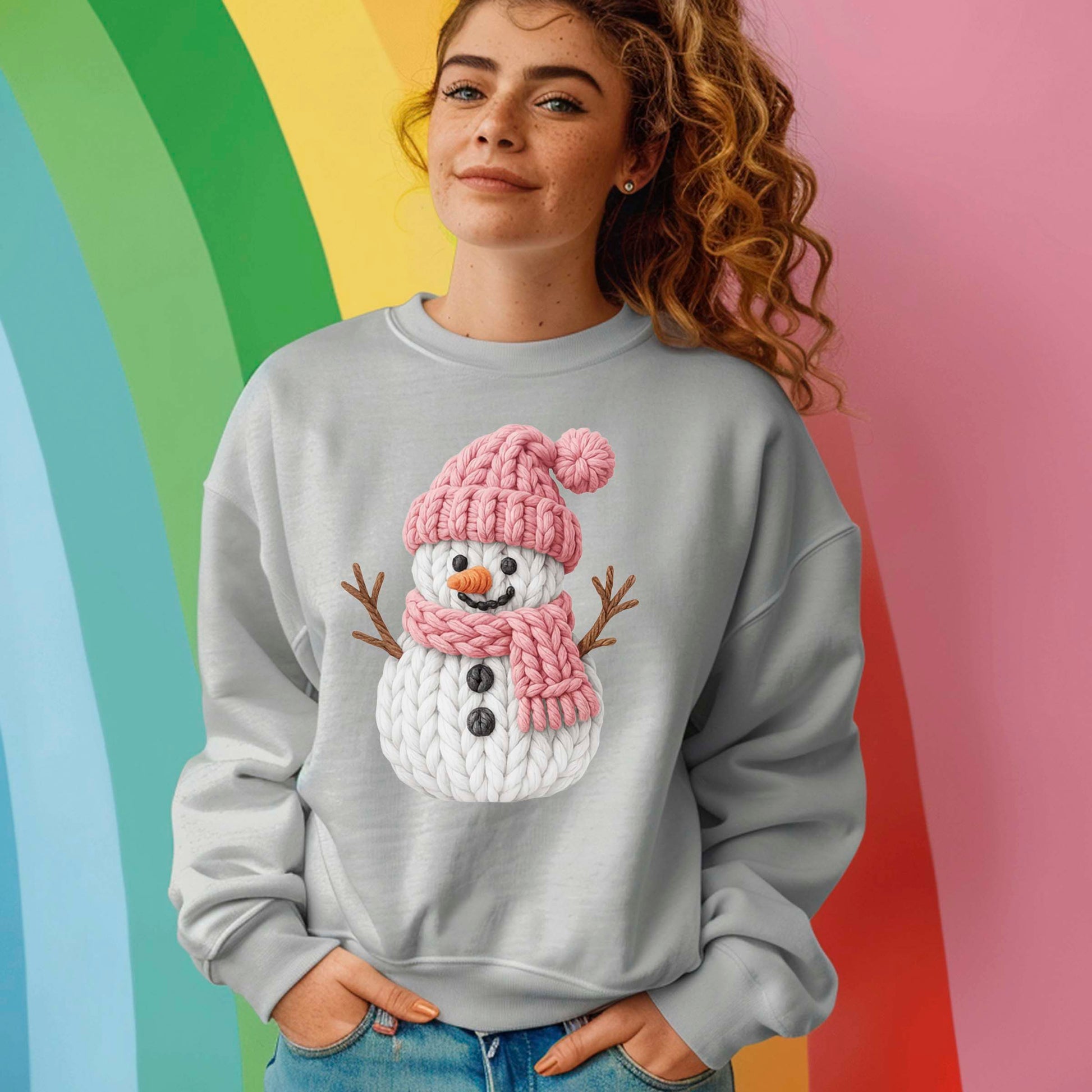 Pink Crochet Snowgirl T Shirts, Snowman Christmas Faux Yarn Sweatshirt, X-mas Youth Girl Gift Tees