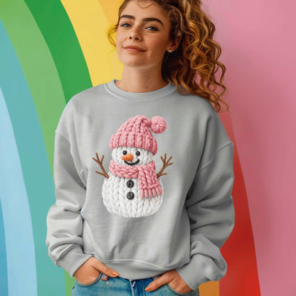 Pink Crochet Snowgirl T Shirts, Snowman Christmas Faux Yarn Sweatshirt, X-mas Youth Girl Gift Tees