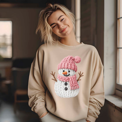 Pink Crochet Snowgirl DTF Transfer Ready to Press, Snowman Christmas Faux Yarn Heat Transfer For Shirt, X-mas UV Sticker