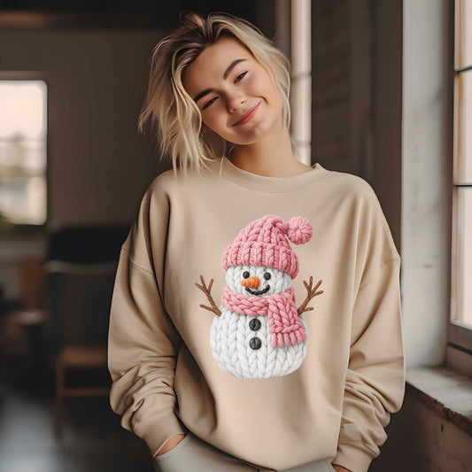 Pink Crochet Snowgirl T Shirts, Snowman Christmas Faux Yarn Sweatshirt, X-mas Youth Girl Gift Tees