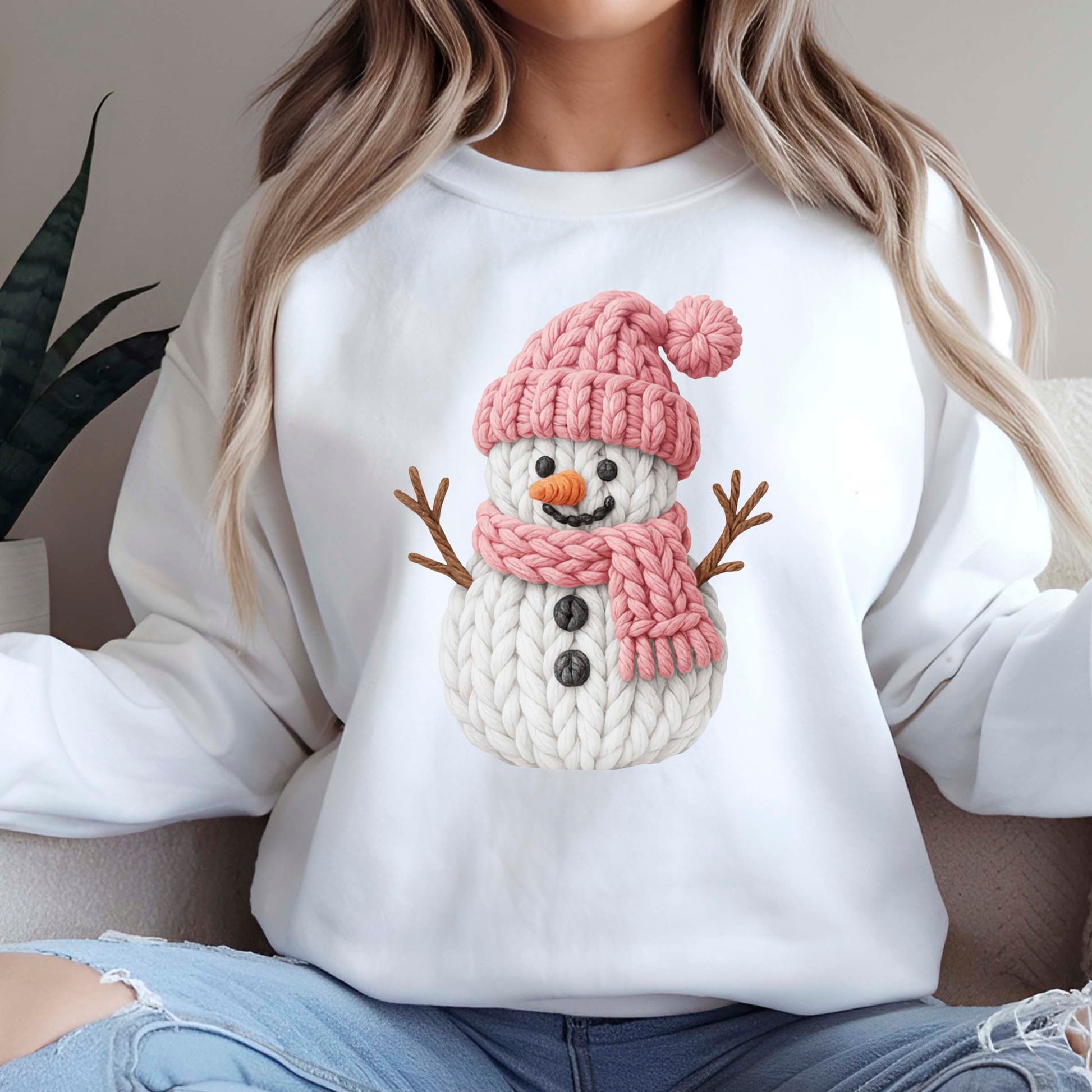 Pink Crochet Snowgirl T Shirts, Snowman Christmas Faux Yarn Sweatshirt, X-mas Youth Girl Gift Tees