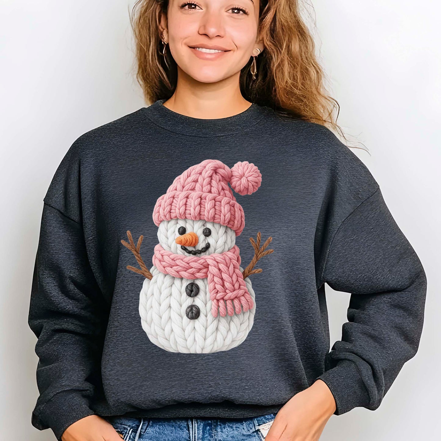 Pink Crochet Snowgirl DTF Transfer Ready to Press, Snowman Christmas Faux Yarn Heat Transfer For Shirt, X-mas UV Sticker