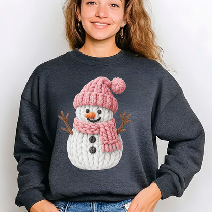 Pink Crochet Snowgirl DTF Transfer Ready to Press, Snowman Christmas Faux Yarn Heat Transfer For Shirt, X-mas UV Sticker