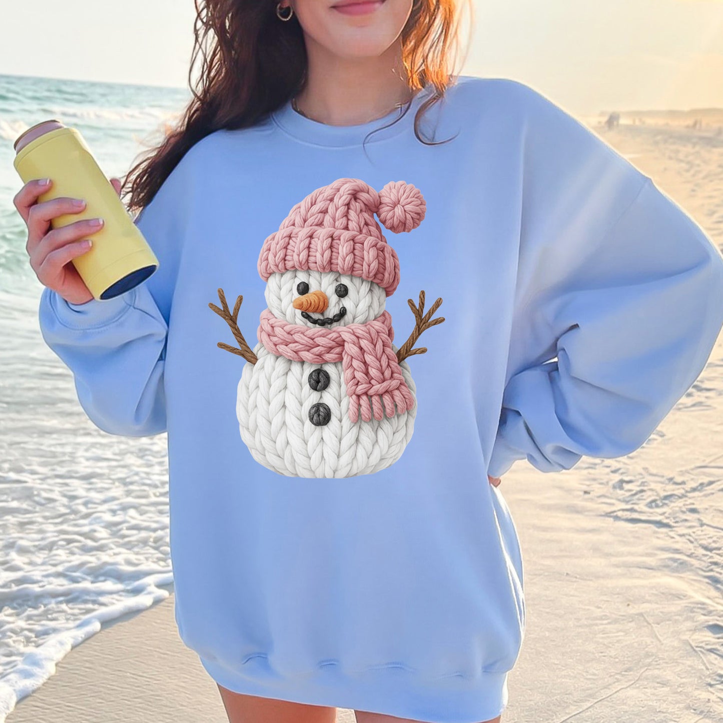 Pink Crochet Snowgirl DTF Transfer Ready to Press, Snowman Christmas Faux Yarn Heat Transfer For Shirt, X-mas UV Sticker