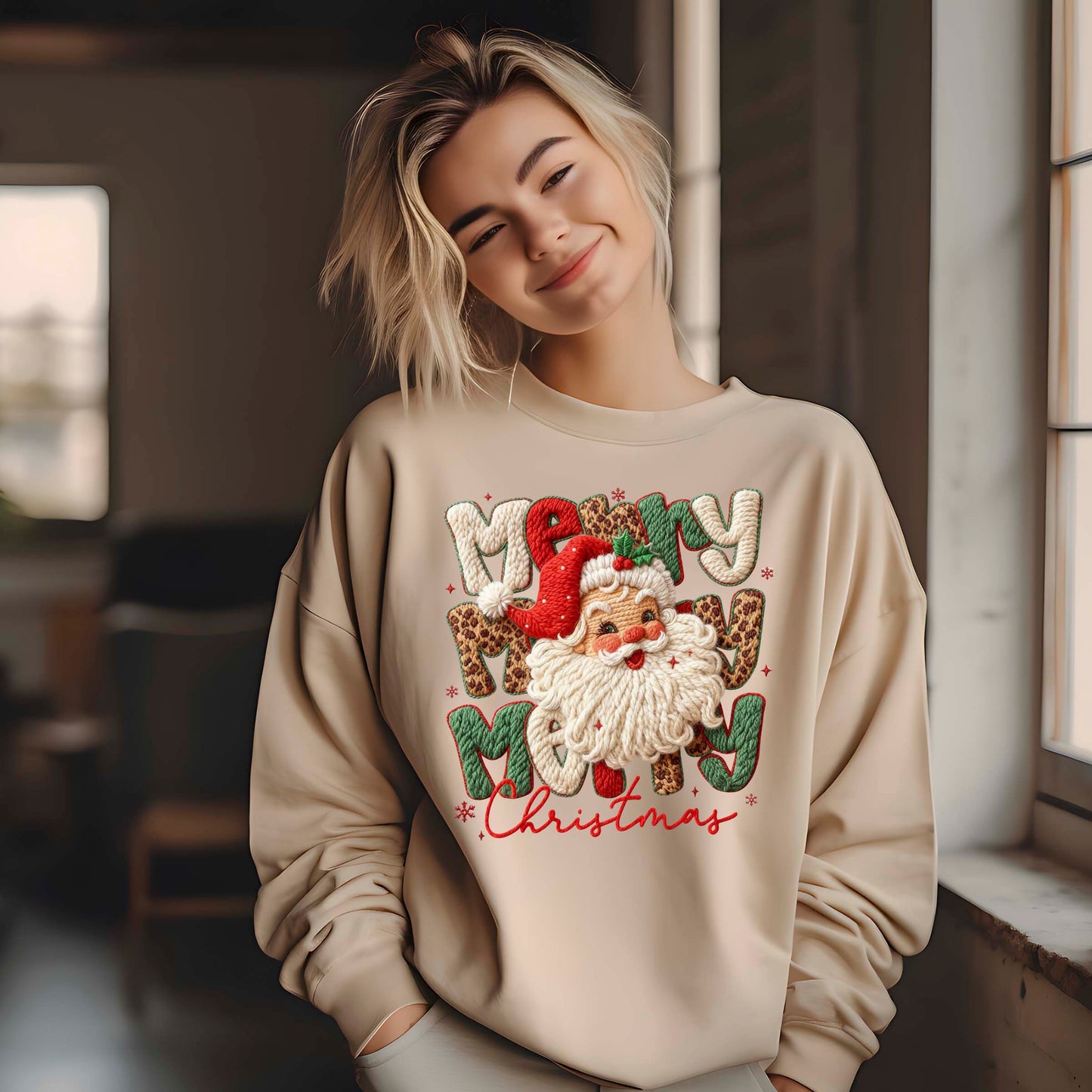 Leopard Merry Christmas Santa Latch Hook Yarn Crochet T Shirts, Santa Christmas Sweatshirt, X-mas Gift Tees