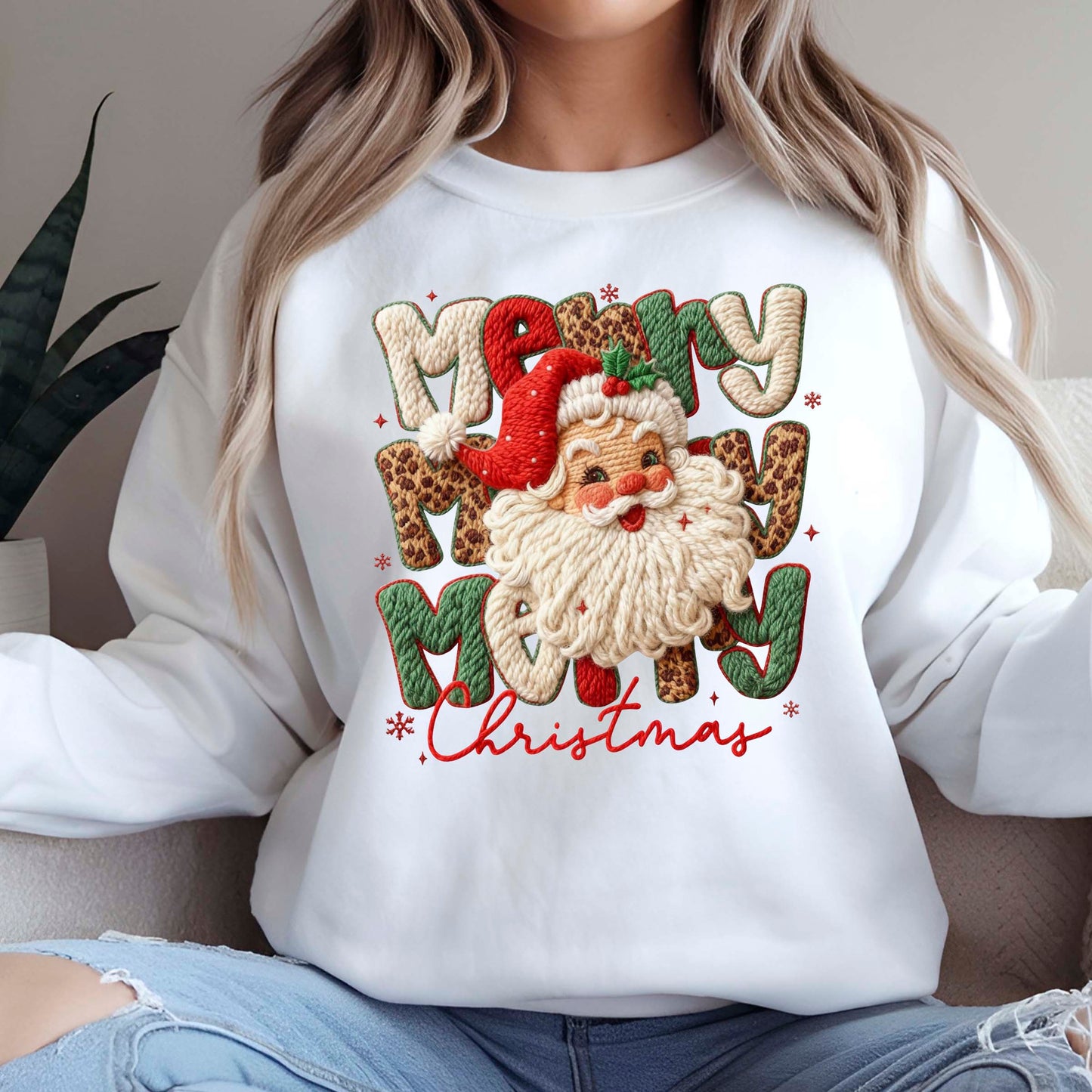 Leopard Merry Christmas Santa Latch Hook Yarn Crochet T Shirts, Santa Christmas Sweatshirt, X-mas Gift Tees