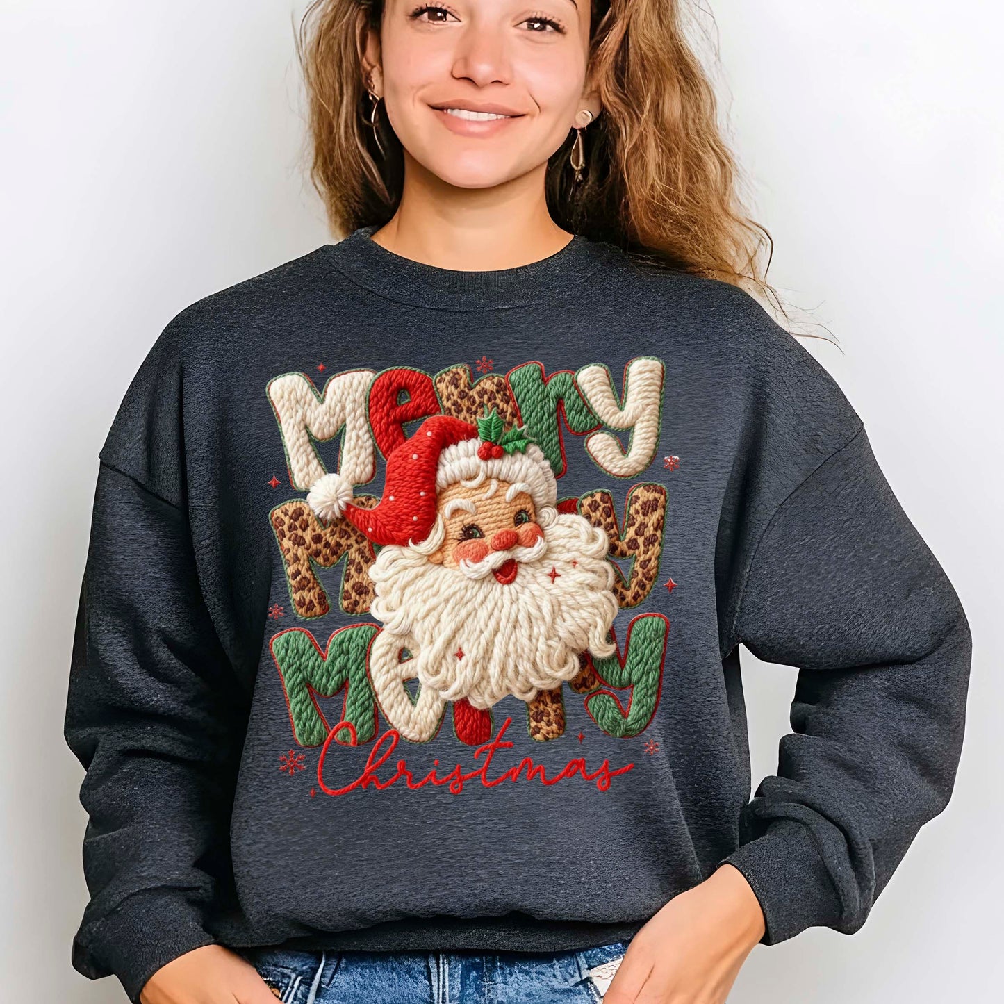 Leopard Merry Christmas Santa Latch Hook Yarn Crochet T Shirts, Santa Christmas Sweatshirt, X-mas Gift Tees
