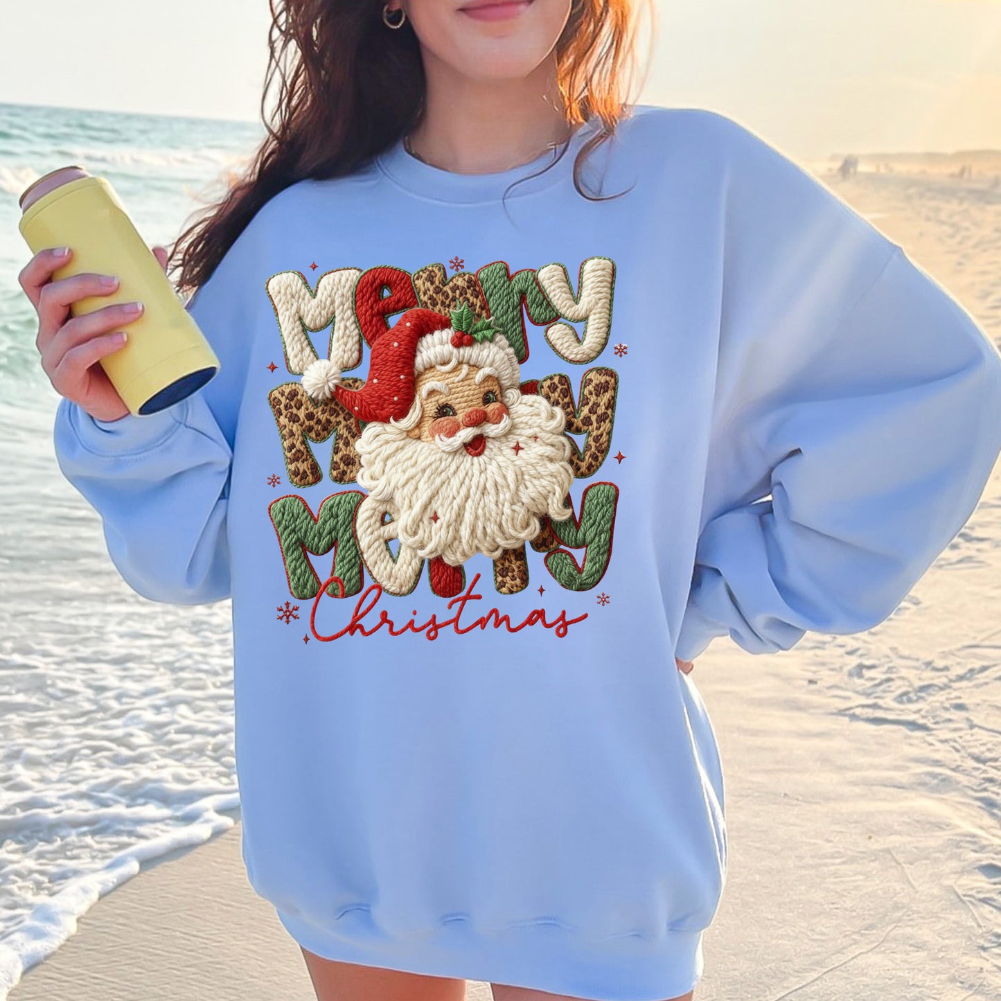 Leopard Merry Christmas Santa Latch Hook Yarn Crochet T Shirts, Santa Christmas Sweatshirt, X-mas Gift Tees