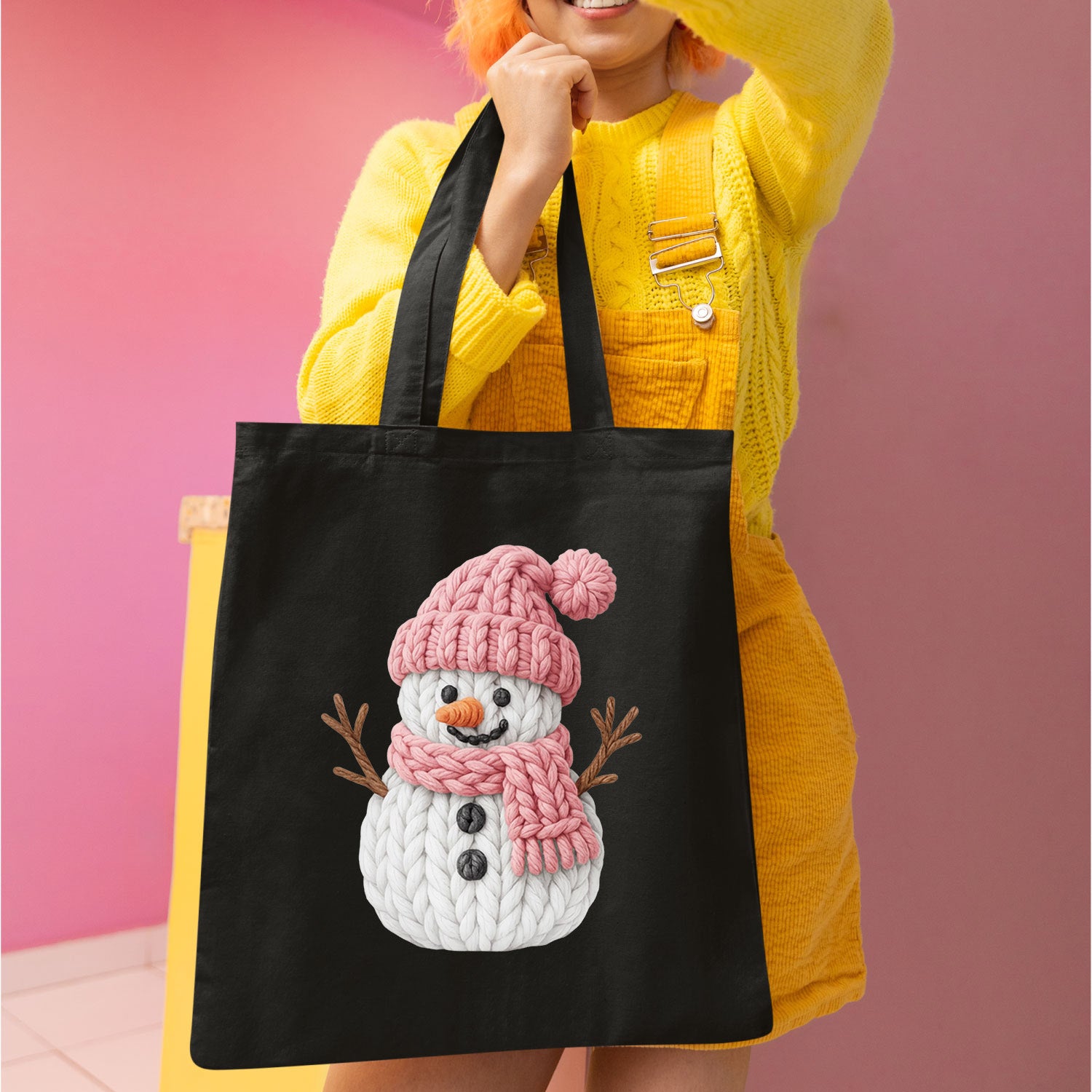 Pink Crochet Snowgirl DTF Transfer Ready to Press, Snowman Christmas Faux Yarn Heat Transfer For Shirt, X-mas UV Sticker