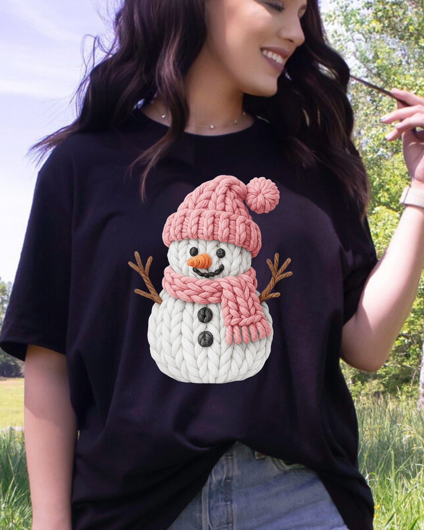 Pink Crochet Snowgirl DTF Transfer Ready to Press, Snowman Christmas Faux Yarn Heat Transfer For Shirt, X-mas UV Sticker