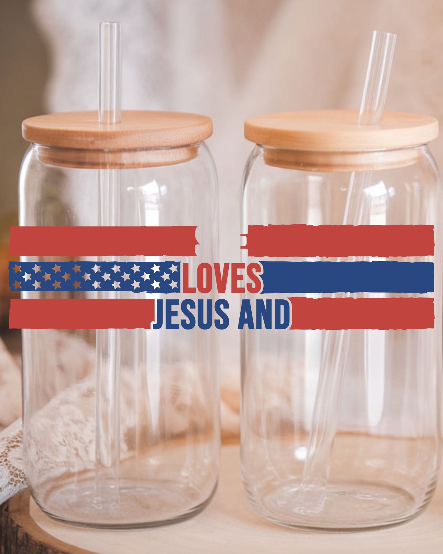 Loves Jesus and America Glass Tumbler UV DTF Decals