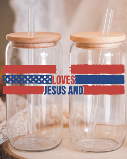 Loves Jesus and America Glass Tumbler UV DTF Decals
