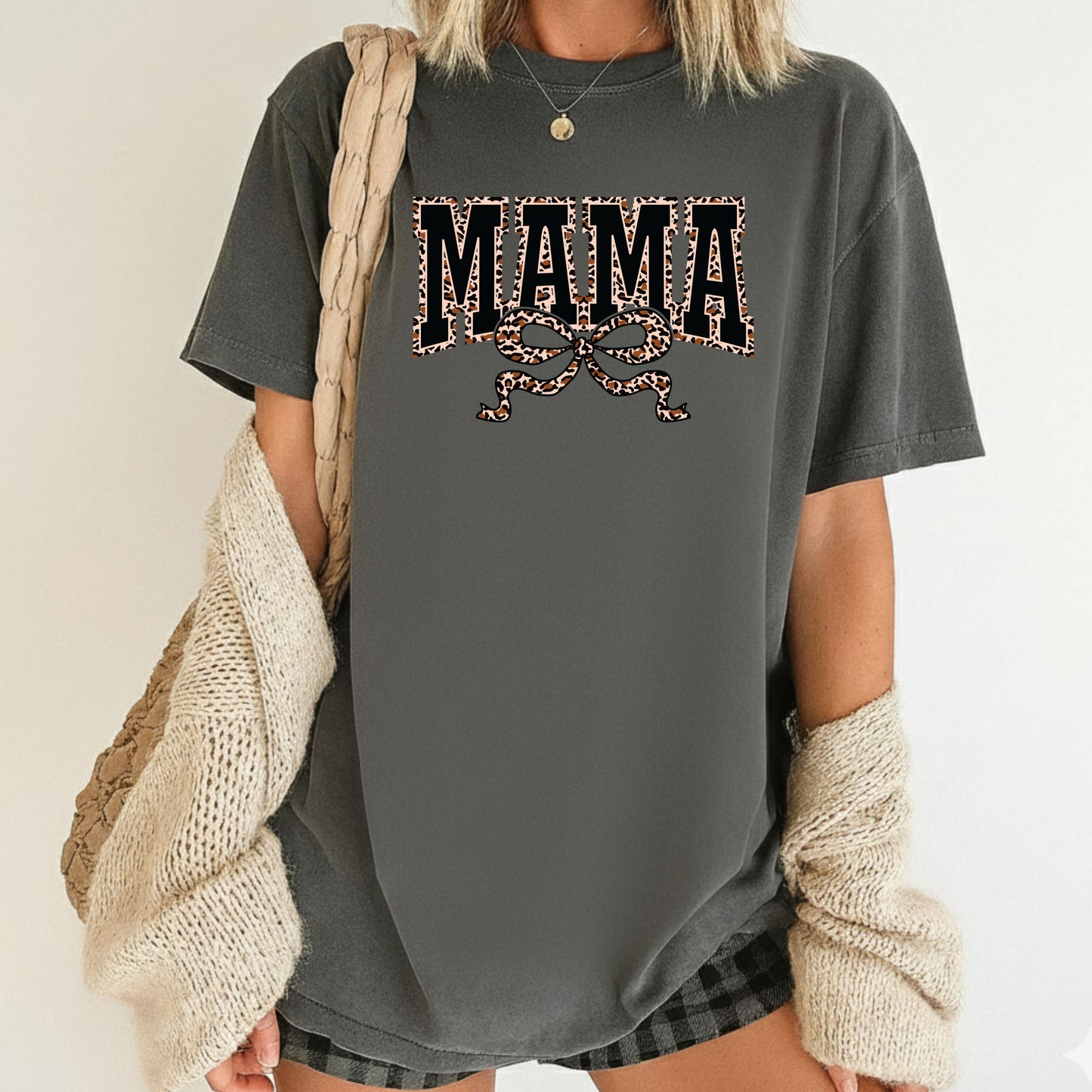 Mama Comfort Colors T Shirts Leopard Coquette Bow Mom Sweatshirt Mother's Day Gift Tees For Women Wife Sweater
