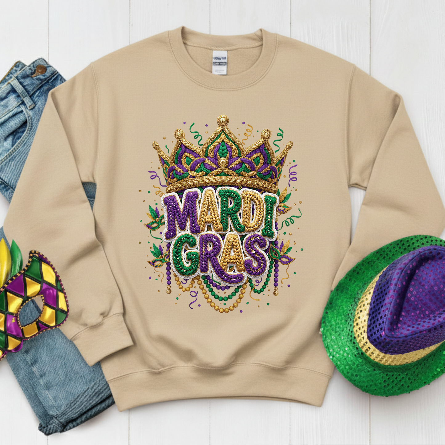 Mardi Gras Faux Crochet Printed Sweatshirt 2026 Carnival Yarn Effect Shirt Purple Green Gold Graphic Tee Mardi Gras Gifts for Women Men Kids