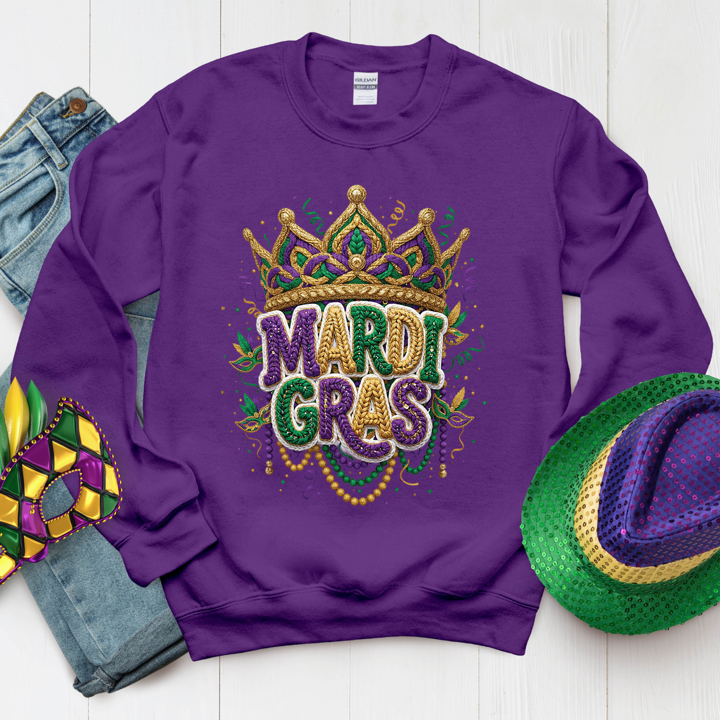 Mardi Gras Faux Crochet Printed Sweatshirt 2026 Carnival Yarn Effect Shirt Purple Green Gold Graphic Tee Mardi Gras Gifts for Women Men Kids