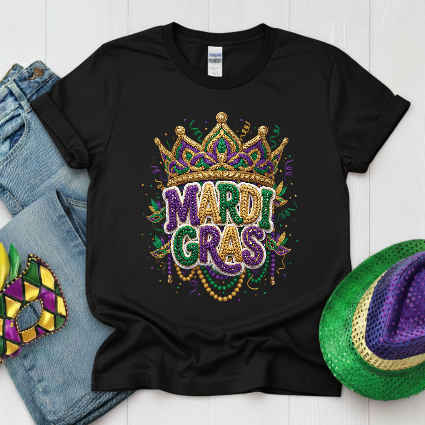 Mardi Gras Faux Crochet Printed Sweatshirt 2026 Carnival Yarn Effect Shirt Purple Green Gold Graphic Tee Mardi Gras Gifts for Women Men Kids