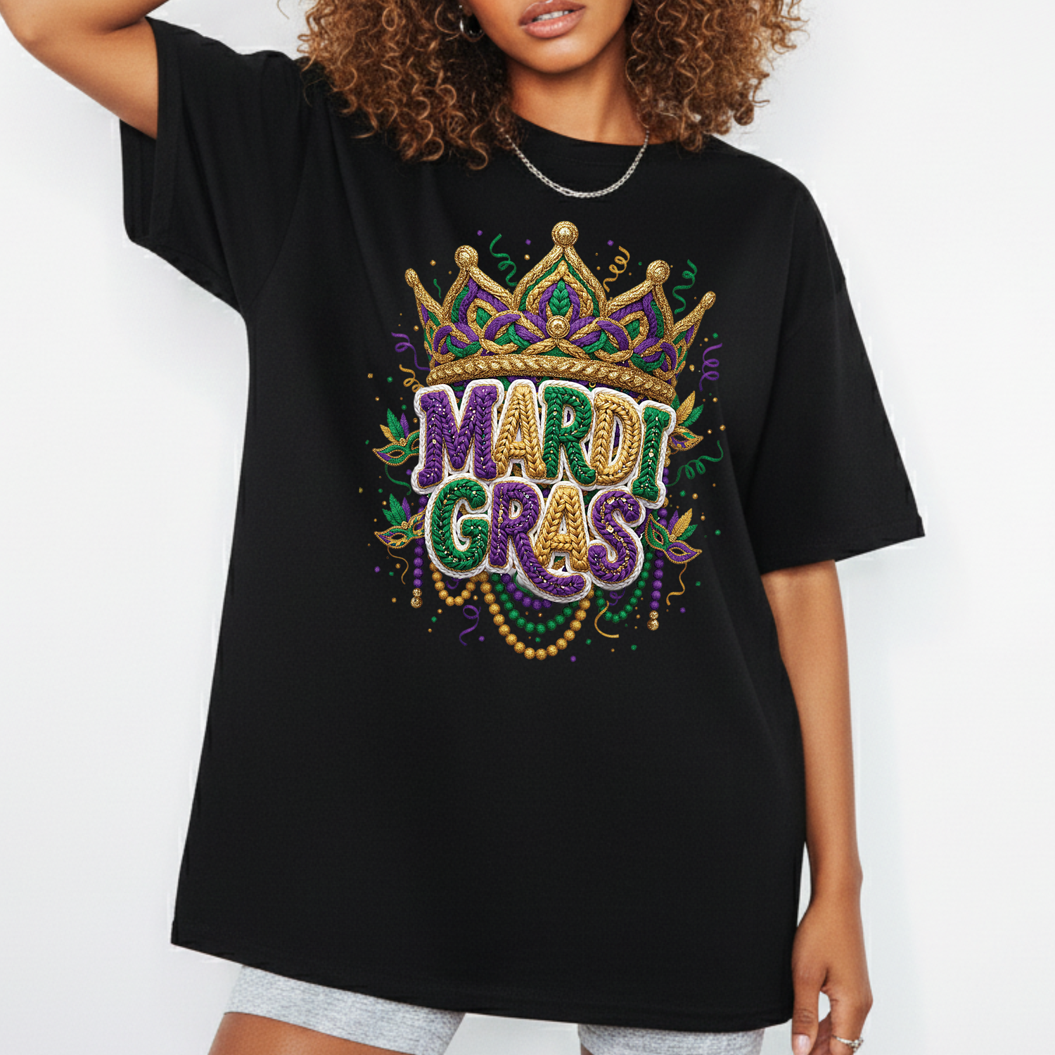 Mardi Gras Faux Crochet Printed Sweatshirt 2026 Carnival Yarn Effect Shirt Purple Green Gold Graphic Tee Mardi Gras Gifts for Women Men Kids
