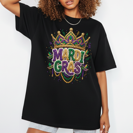 Mardi Gras Faux Crochet Printed Sweatshirt 2026 Carnival Yarn Effect Shirt Purple Green Gold Graphic Tee Mardi Gras Gifts for Women Men Kids