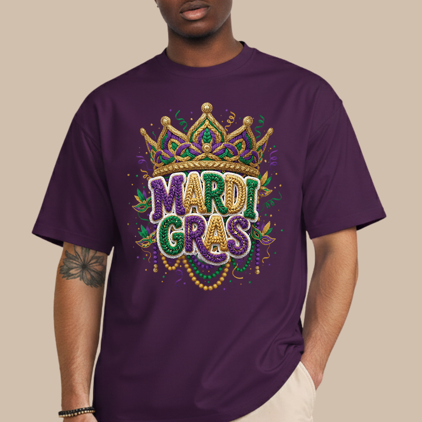 Mardi Gras Faux Crochet Printed Sweatshirt 2026 Carnival Yarn Effect Shirt Purple Green Gold Graphic Tee Mardi Gras Gifts for Women Men Kids