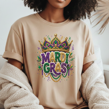 Mardi Gras Faux Crochet Printed Sweatshirt 2026 Carnival Yarn Effect Shirt Purple Green Gold Graphic Tee Mardi Gras Gifts for Women Men Kids