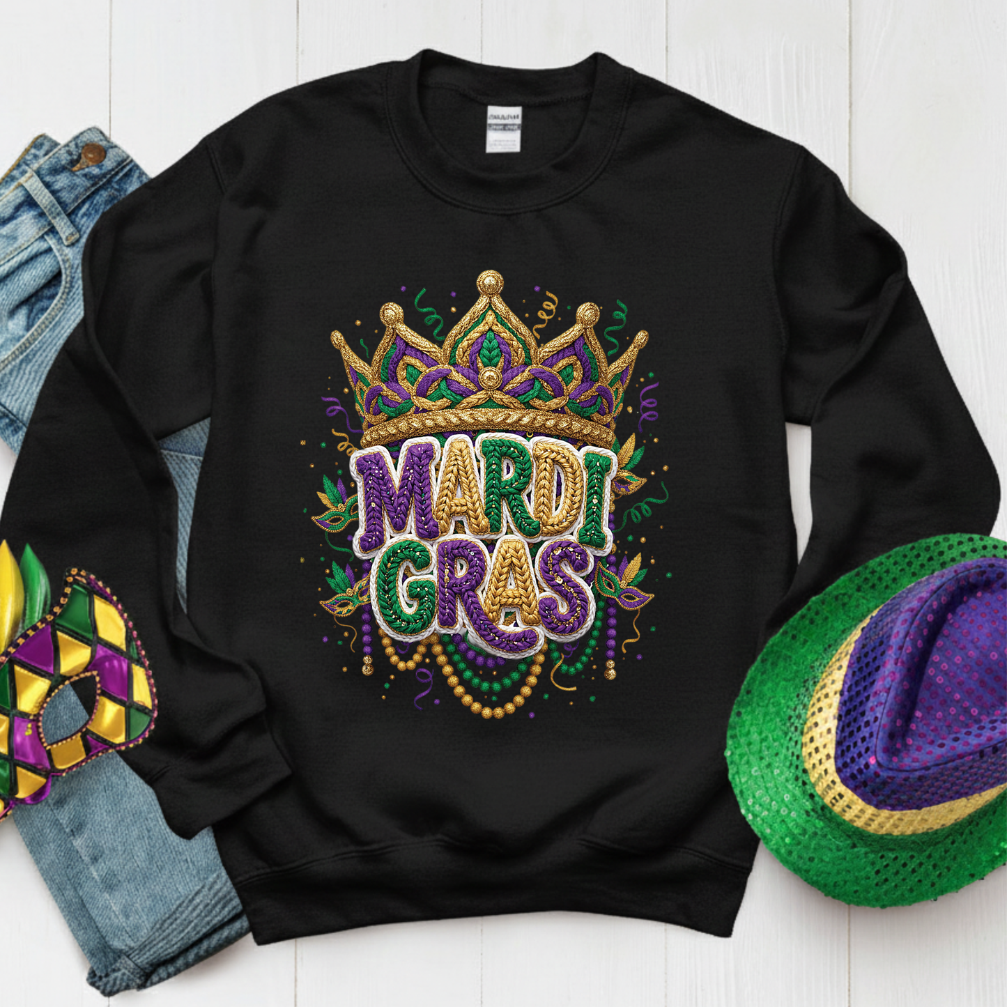 Mardi Gras Faux Crochet Printed Sweatshirt 2026 Carnival Yarn Effect Shirt Purple Green Gold Graphic Tee Mardi Gras Gifts for Women Men Kids