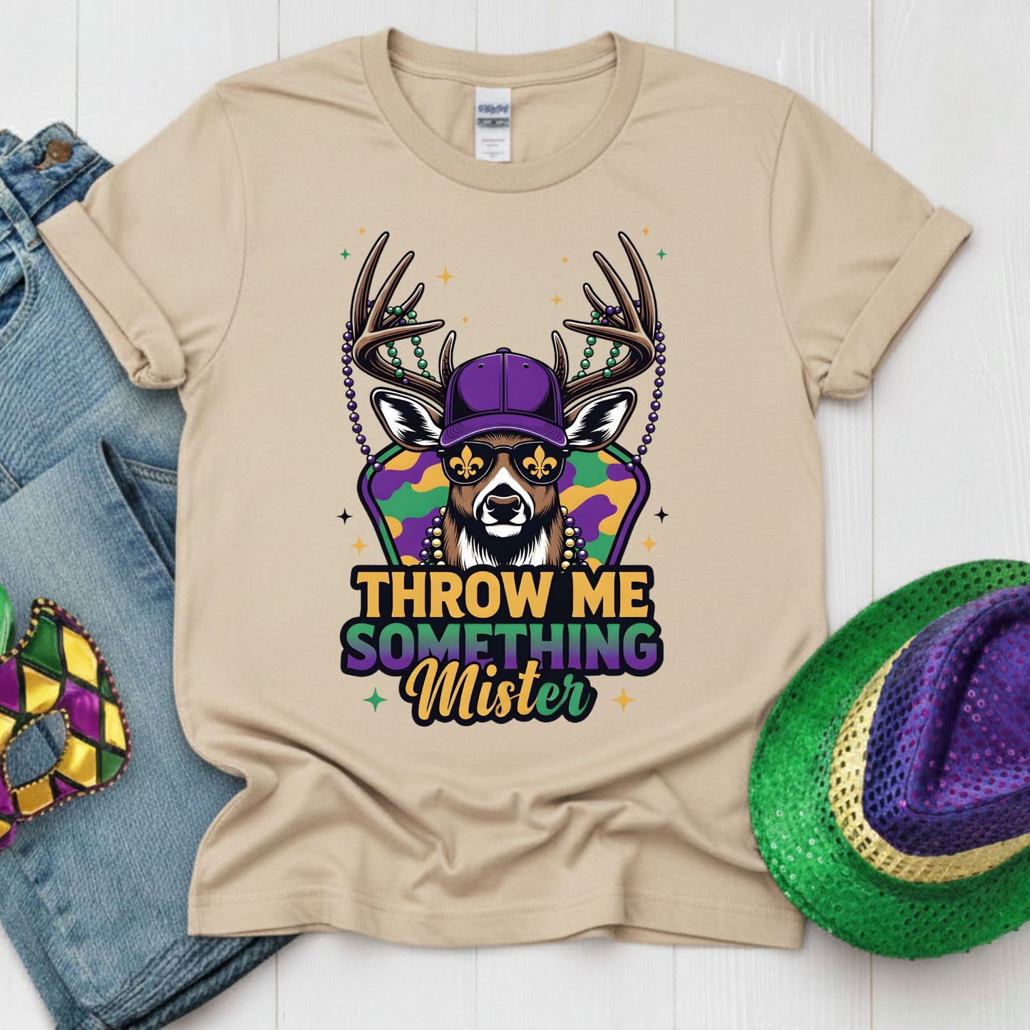 Mardi Gras Shirt Buck Hunting Throw me something Mister Shirt for Family NOLA Festival Tees for Women Men and Kids Gifts