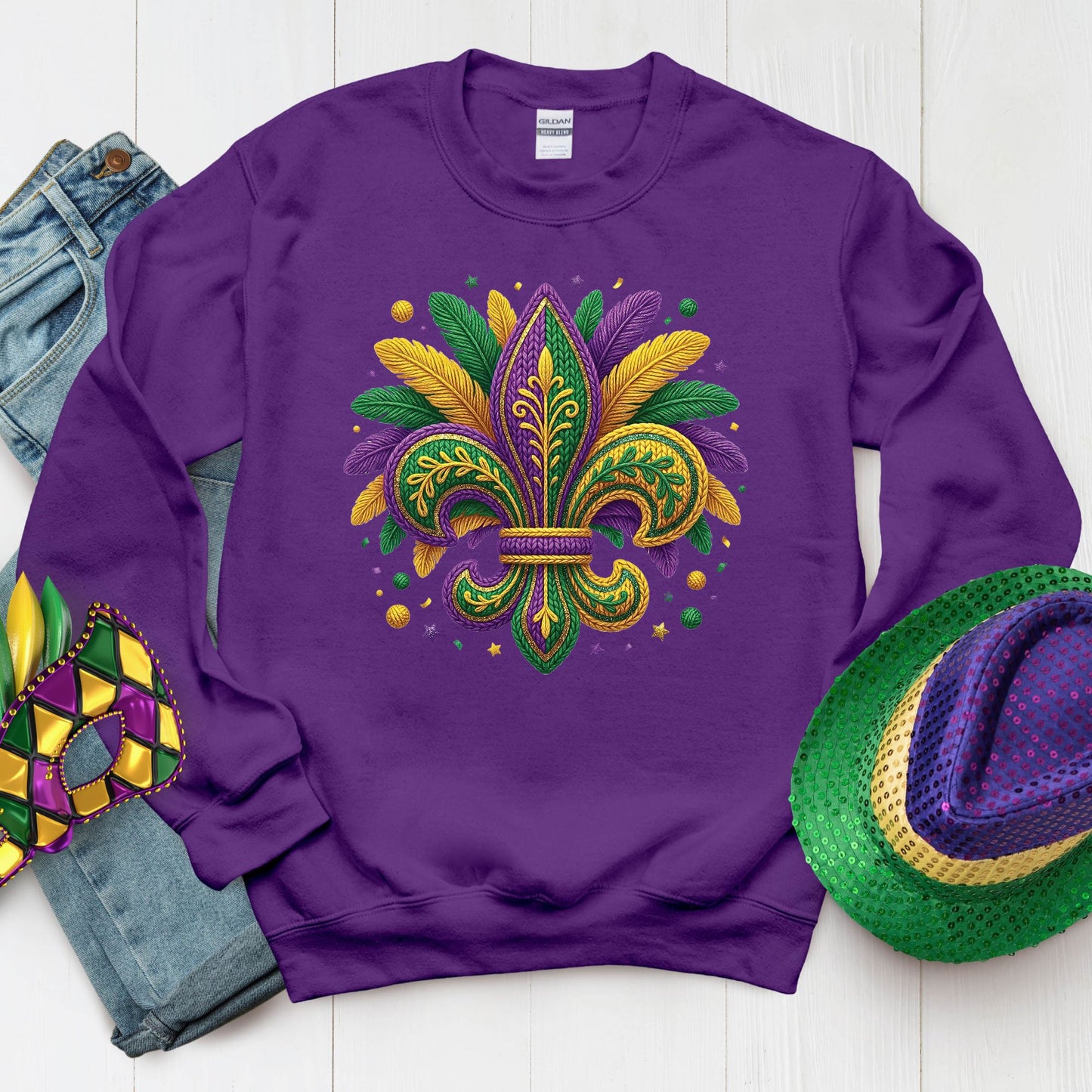 Mardi Gras Sweatshirt Fleur De Lis Yarn New Orleans Parad Carnival Shirt for Family NOLA Festival Tees for Women Men and Kids Gifts