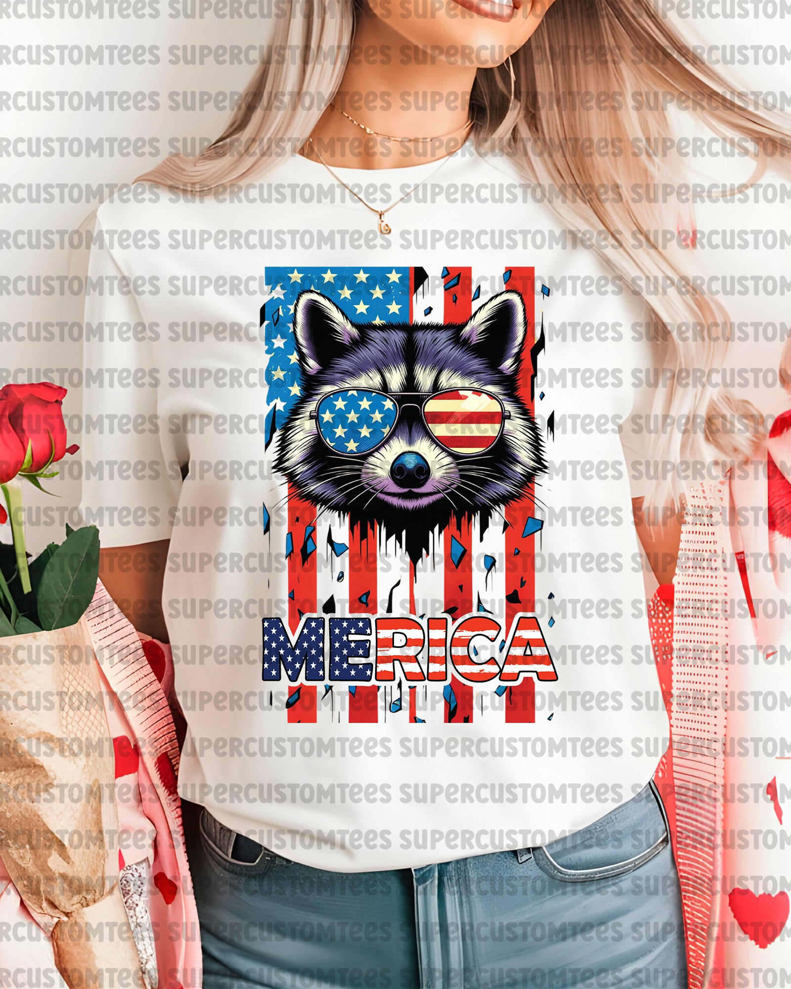 Merica Raccoon American Flag 4th July Heat Transfer for Shirts